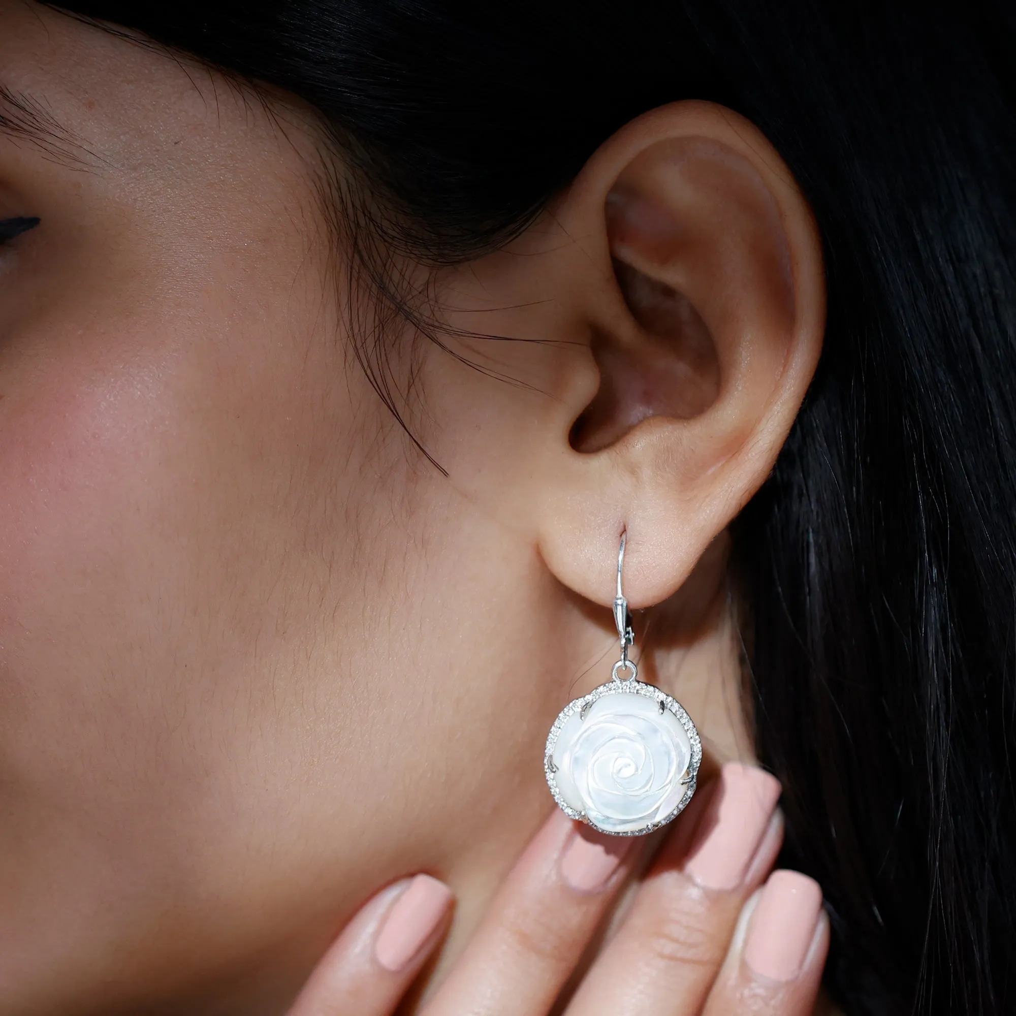 White Mother of Pearl Rose Flower Earrings