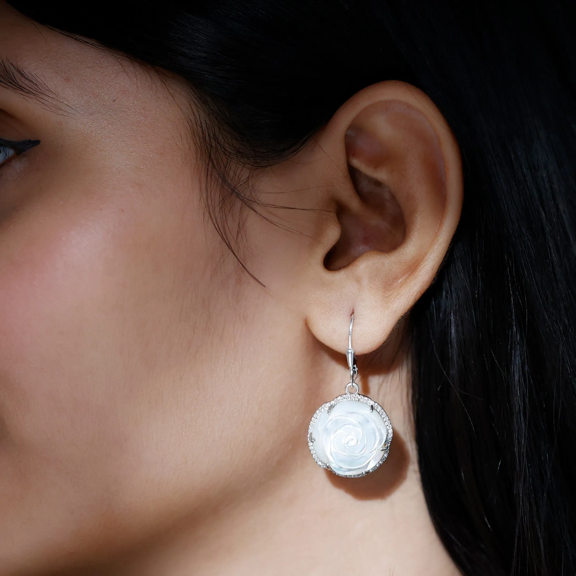 White Mother of Pearl Rose Flower Earrings