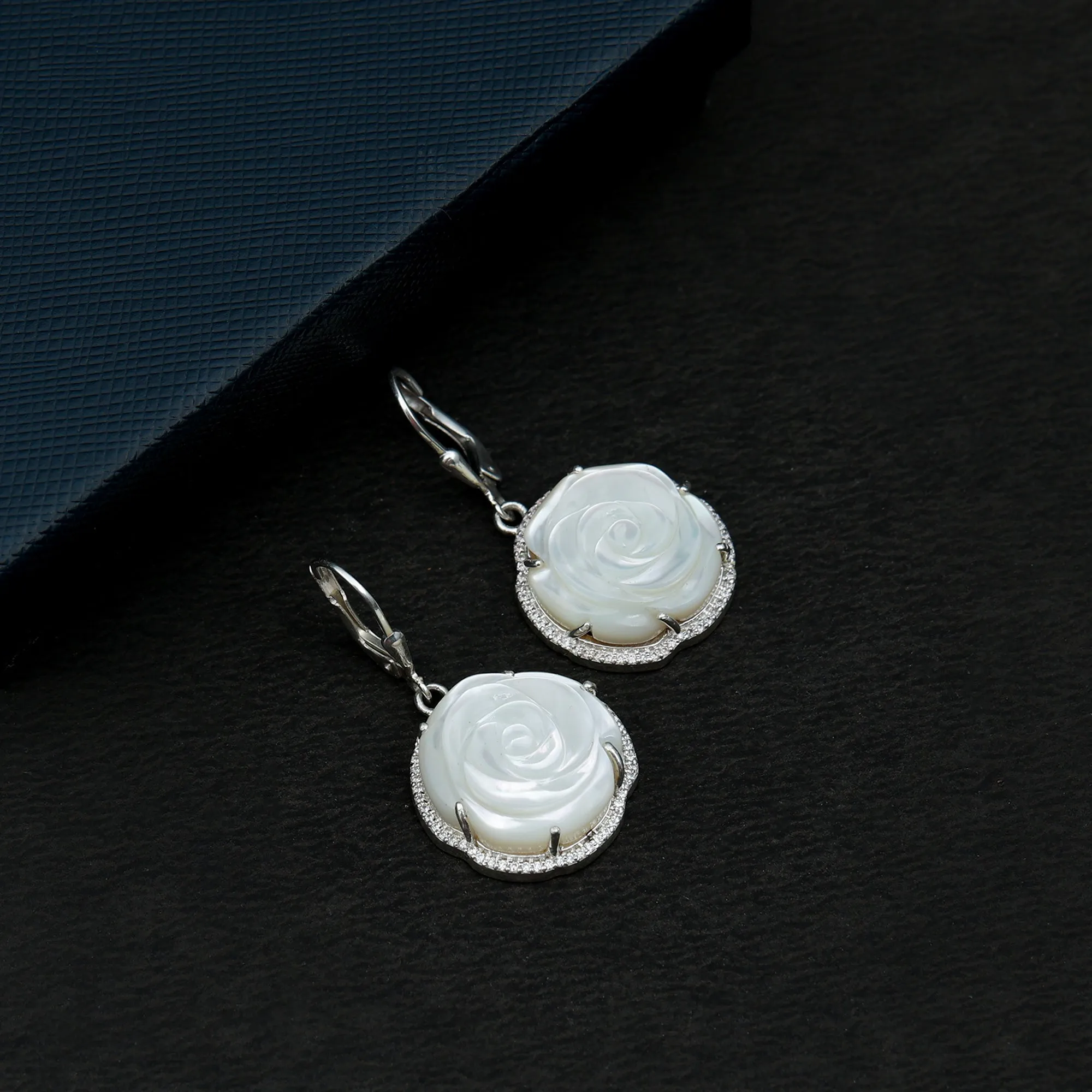 White Mother of Pearl Rose Flower Earrings