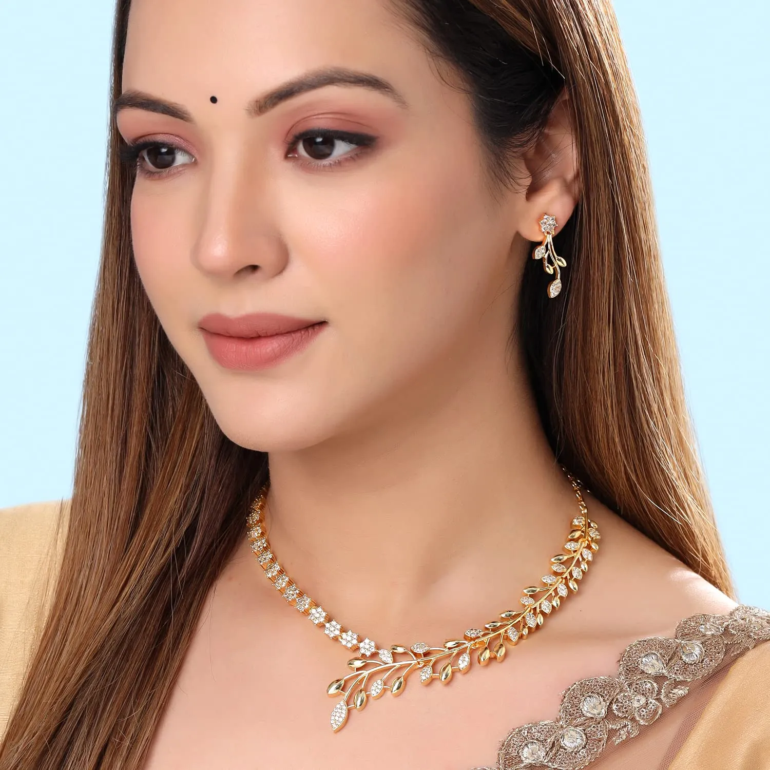 Yellow Chimes Jewellery Set for Women and Girls American Diamond Jewellery Set | Gold Tone Leaf Designed White AD Necklace Set | Birthday Gift for girls and women Anniversary Gift for Wife