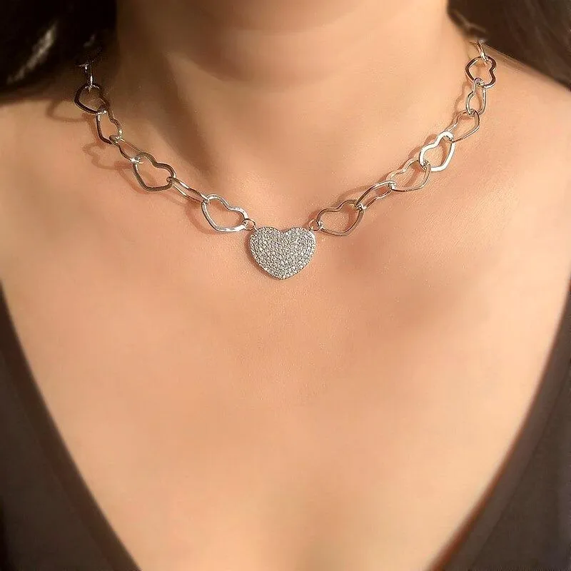 Zircon Filled Love Heart Choker Necklace